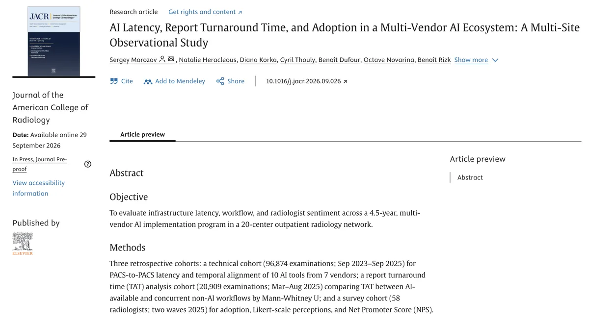 Article page of the paper on ScienceDirect, J Am Coll Radiol 2026